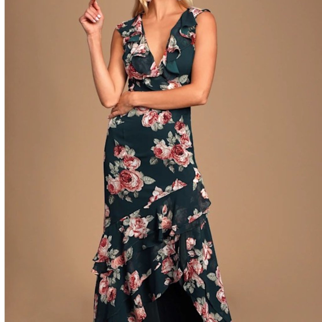 Nwt Lulu's Secret Romance Floral High-Low Maxi Dress Dark Green Small